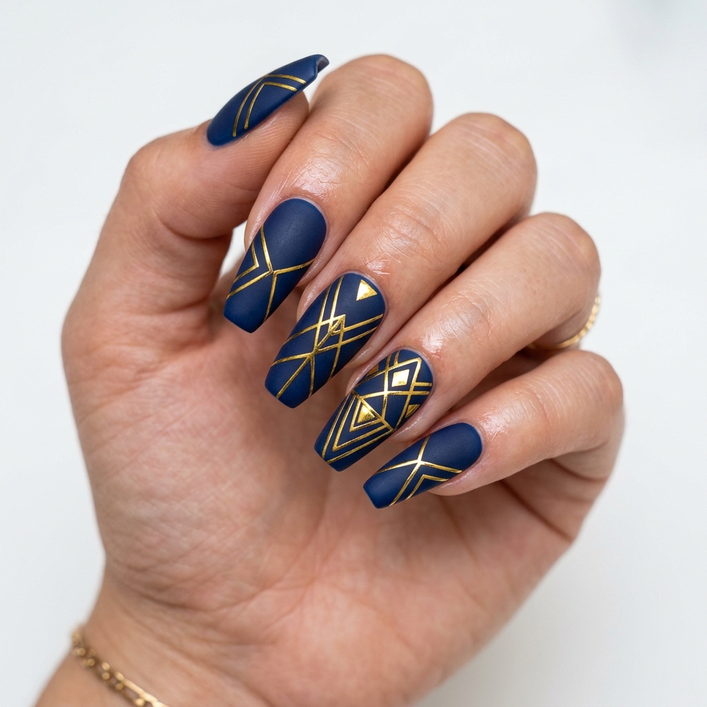 Navy Blue and Gold Nails: 30 Gorgeous Ideas to Elevate Your Manicure 16 Navy blue gold matte nails 202606232338