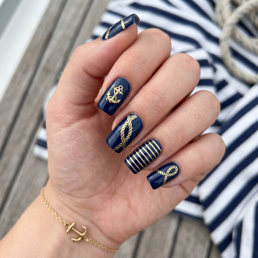 Navy Blue and Gold Nails: 30 Gorgeous Ideas to Elevate Your Manicure 24 Navy blue gold nautical nails 202606232351