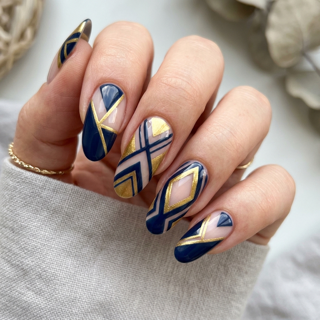 Navy Blue and Gold Nails: 30 Gorgeous Ideas to Elevate Your Manicure 27 Navy blue gold negative space 202606232351