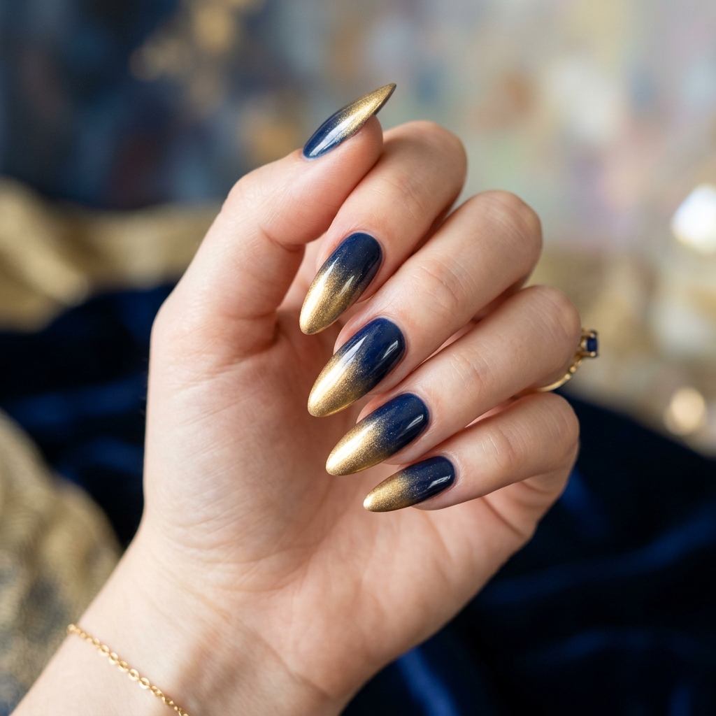 Navy Blue and Gold Nails: 30 Gorgeous Ideas to Elevate Your Manicure 4 Navy blue gold ombre nails 202606232328
