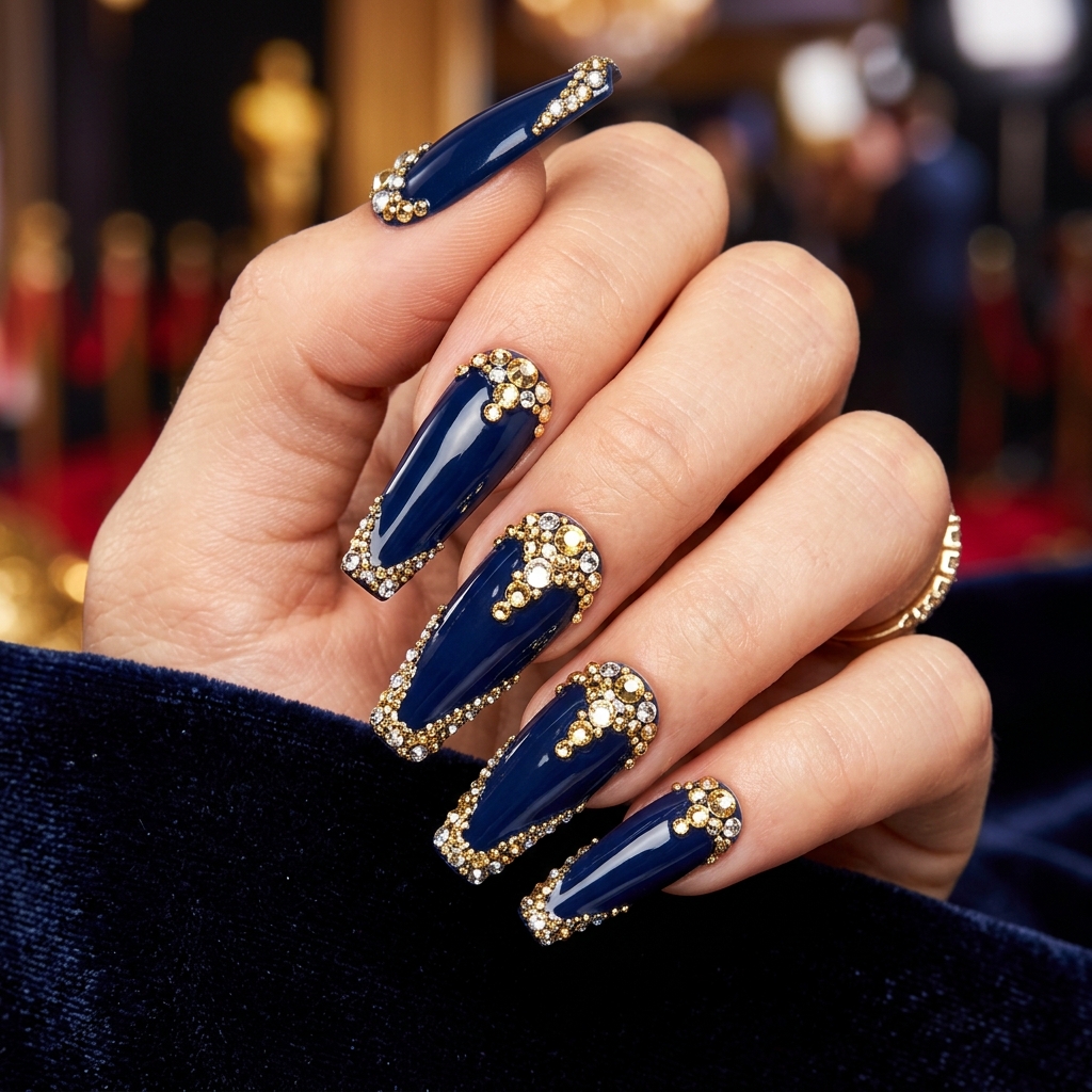 Navy Blue and Gold Nails: 30 Gorgeous Ideas to Elevate Your Manicure 25 Navy blue gold rhinestone nails 202606232351