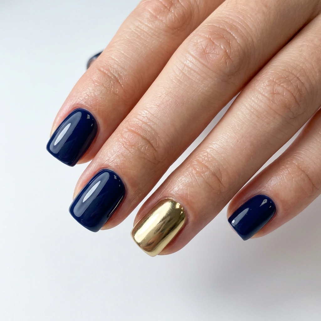 Navy Blue and Gold Nails: 30 Gorgeous Ideas to Elevate Your Manicure 12 Navy blue gold short nails 202606232337