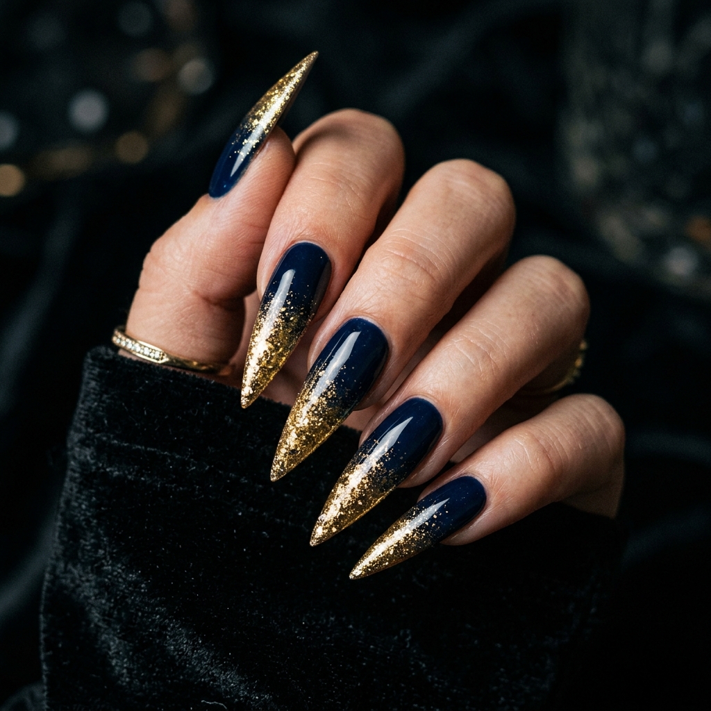 Navy Blue and Gold Nails: 30 Gorgeous Ideas to Elevate Your Manicure 13 Navy blue gold stiletto nails 202606232337