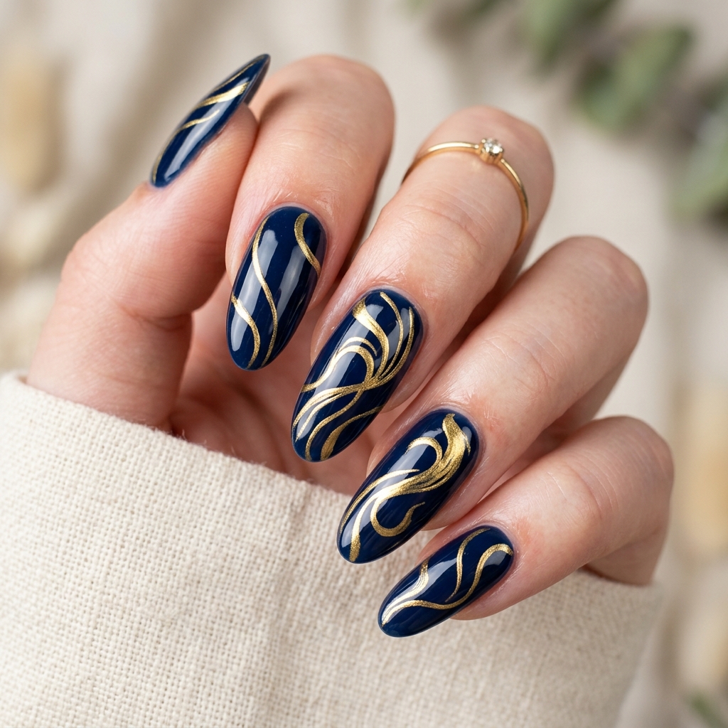 Navy Blue and Gold Nails: 30 Gorgeous Ideas to Elevate Your Manicure 23 Navy blue gold swirl nails 202606232351