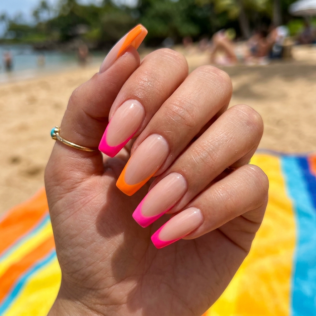Neon French Tip Coffin Nails Ideas