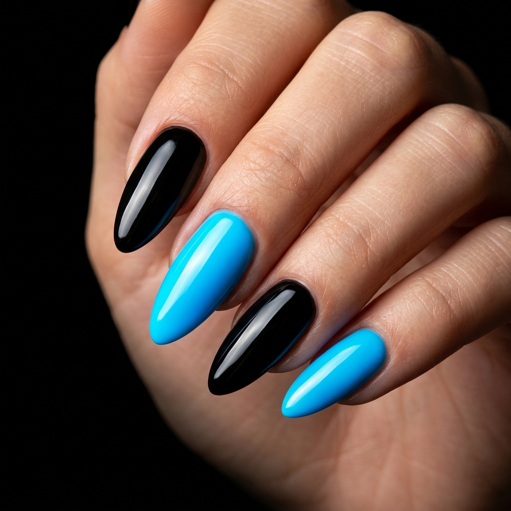Black and Neon Blue Nails Art