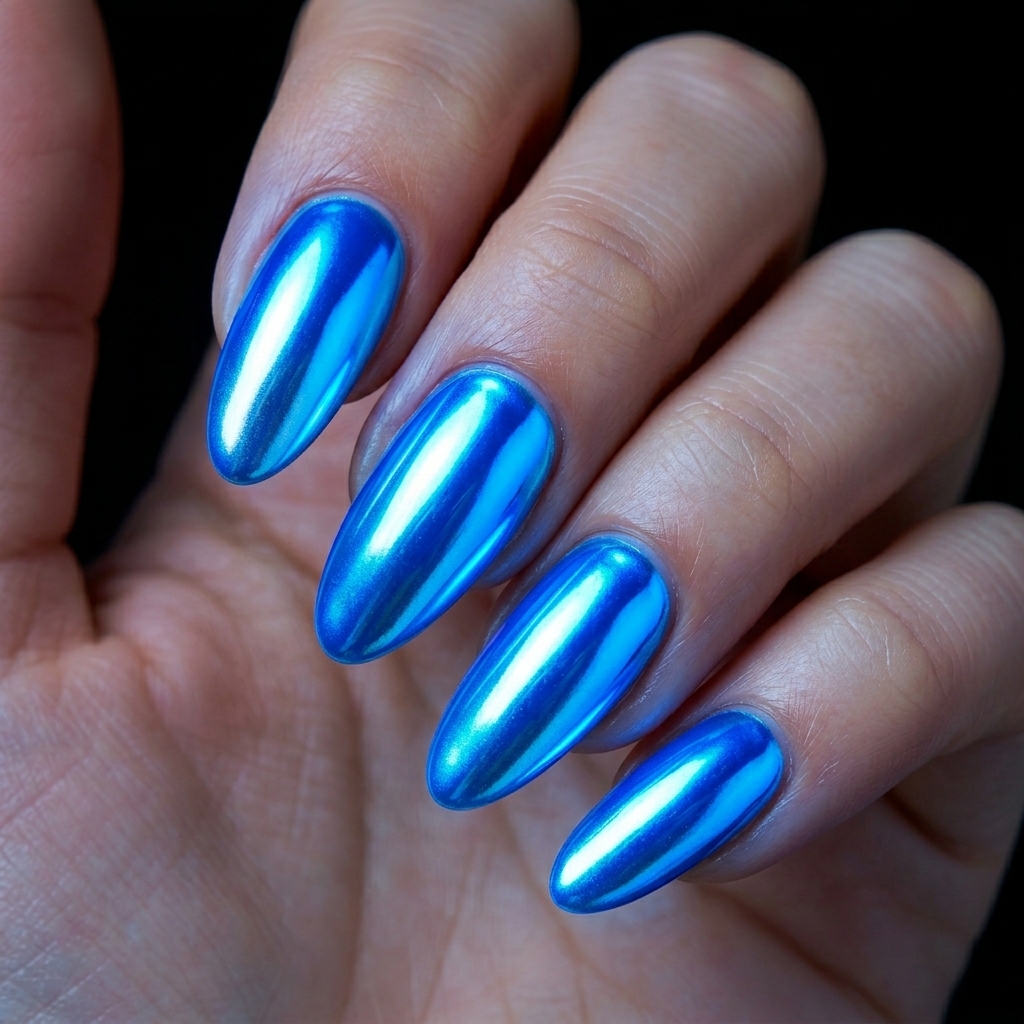 Chrome Neon Blue Nails
