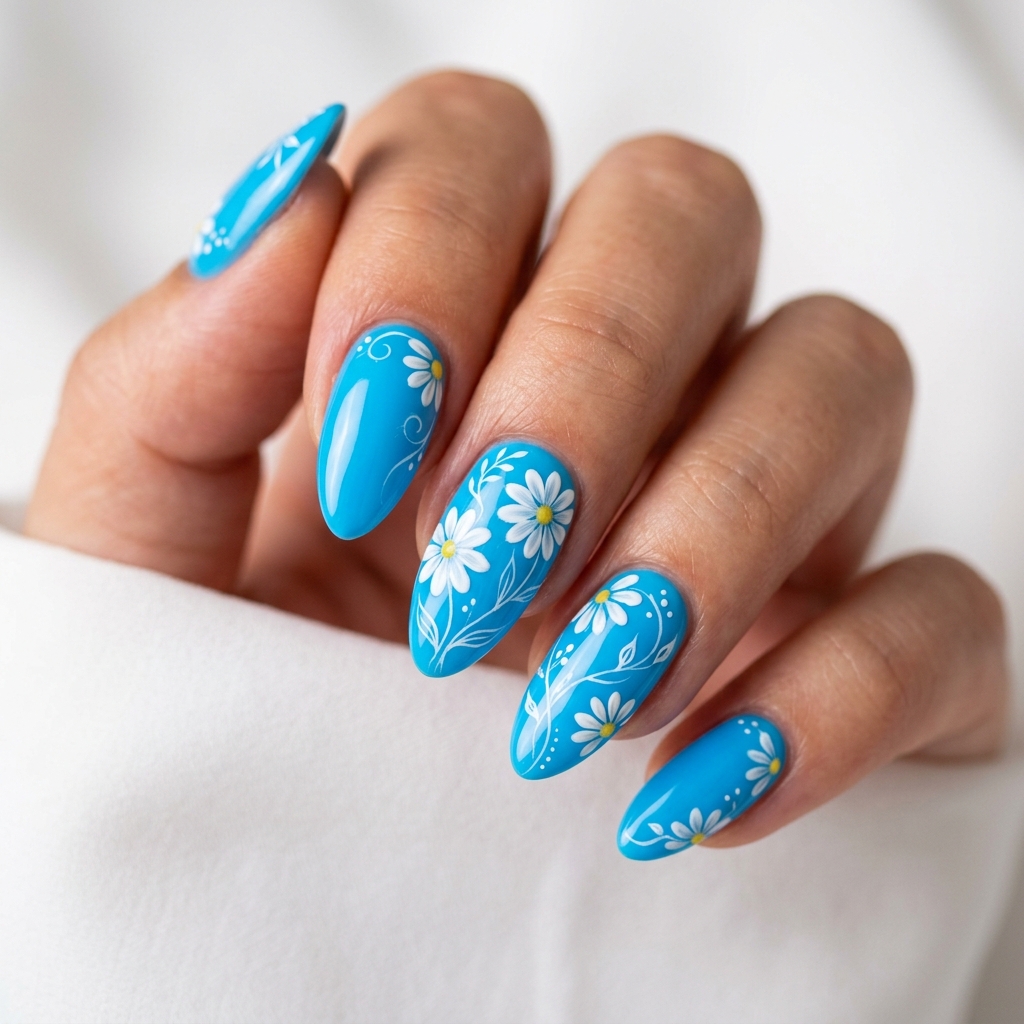 Floral Neon Blue Nail Design