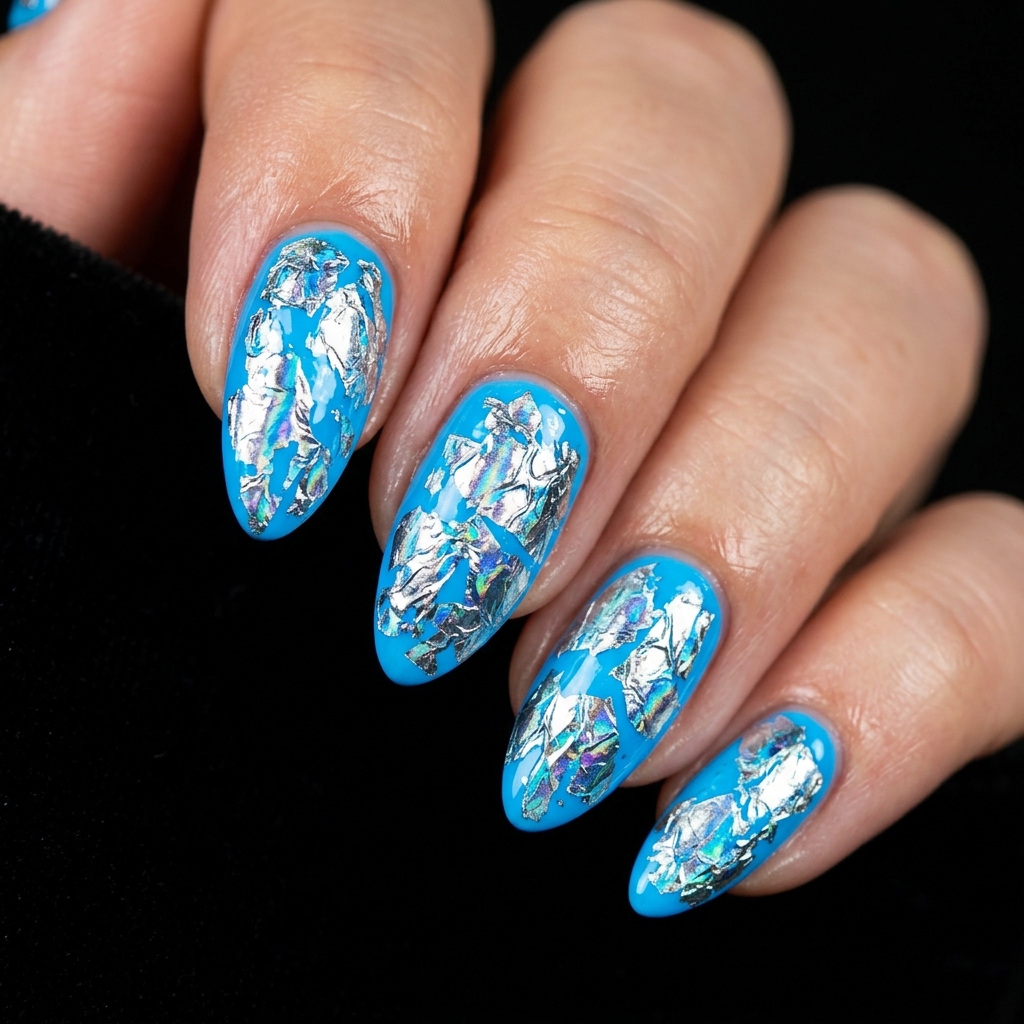 Foil Neon Blue Nails Design