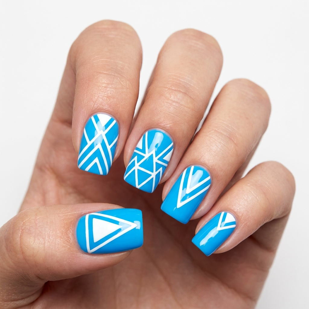 Geometric Neon Blue Nails Design