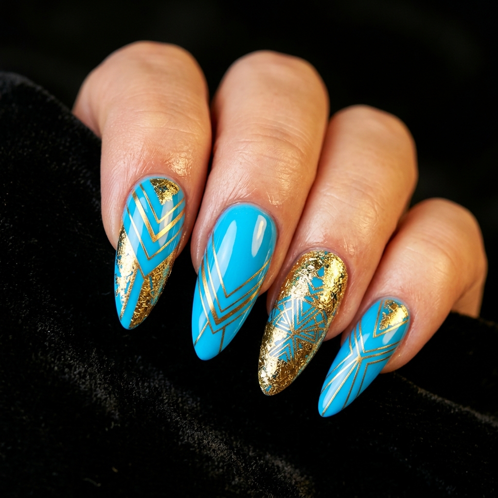 Gold and Neon Blue Nail Art