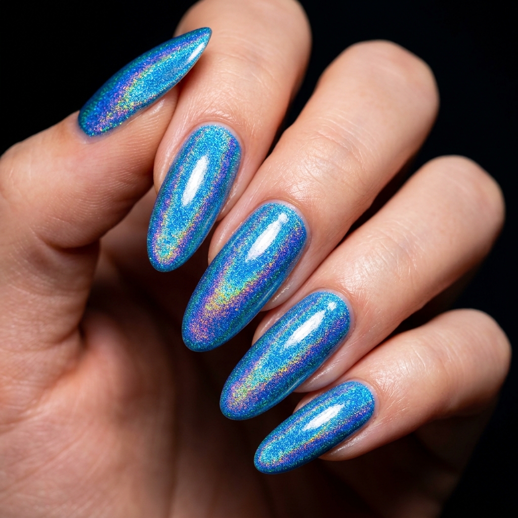 Holographic Neon Blue Nails