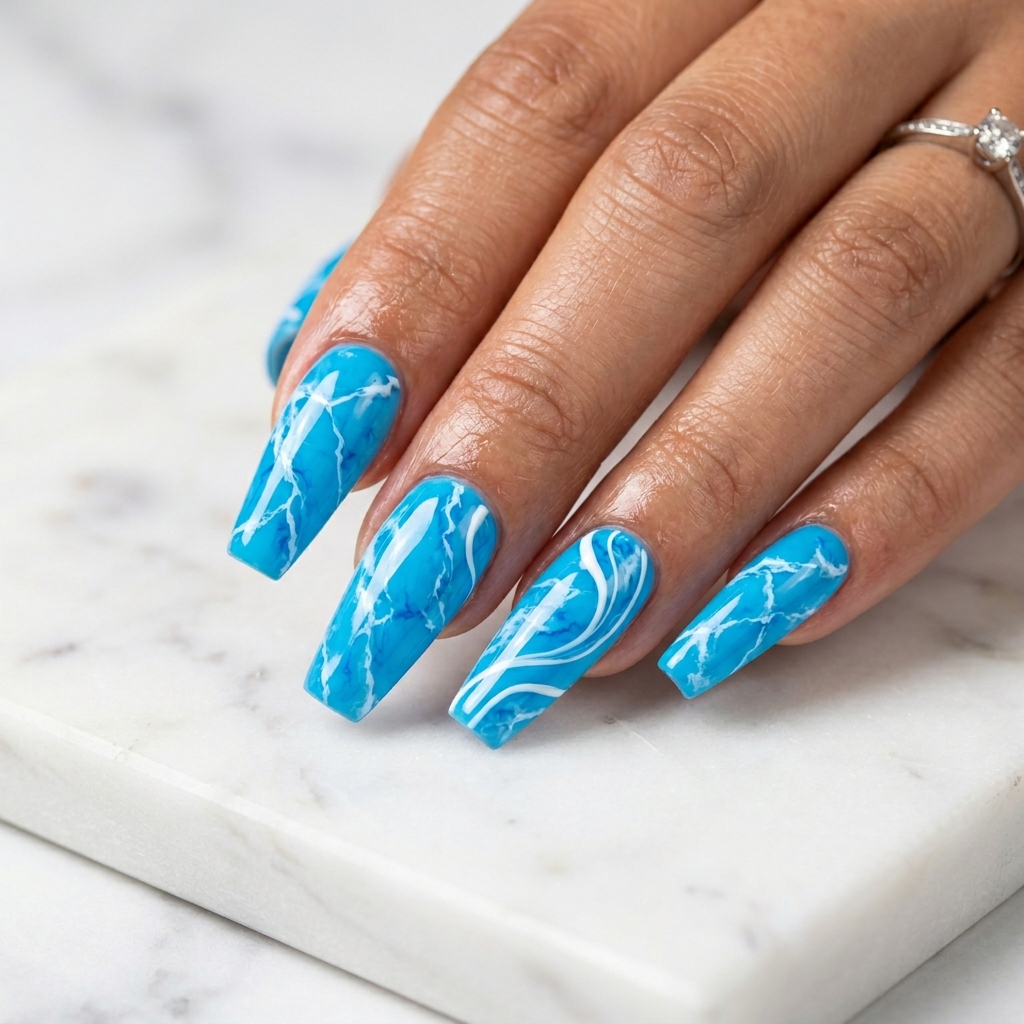 Marble Neon Blue Nail Design
