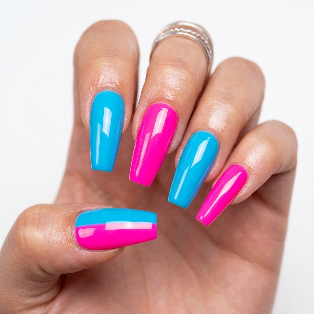 Pink and Neon Blue Nails Design
