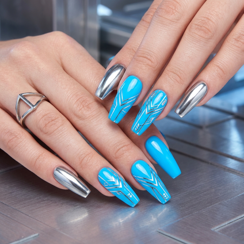 Silver and Neon Blue Nails Art