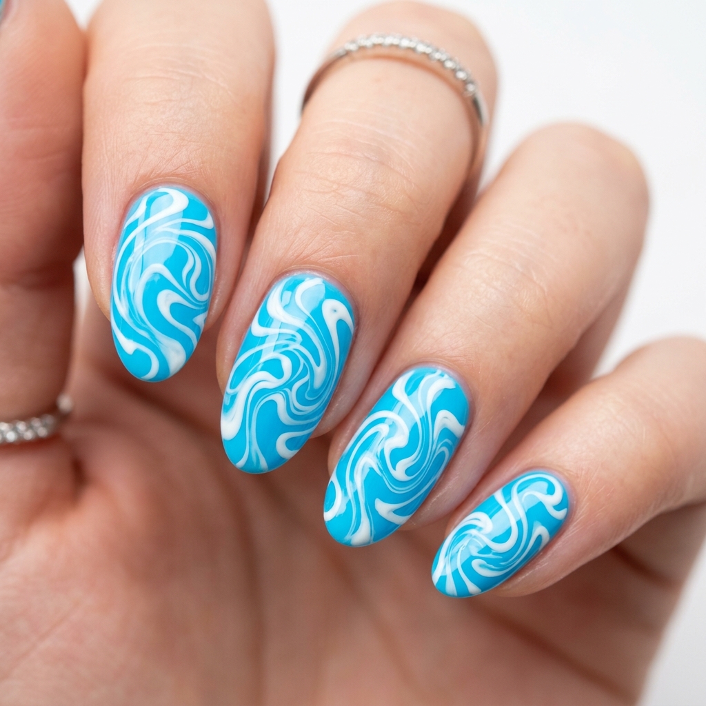 Swirl Neon Blue Nails Art