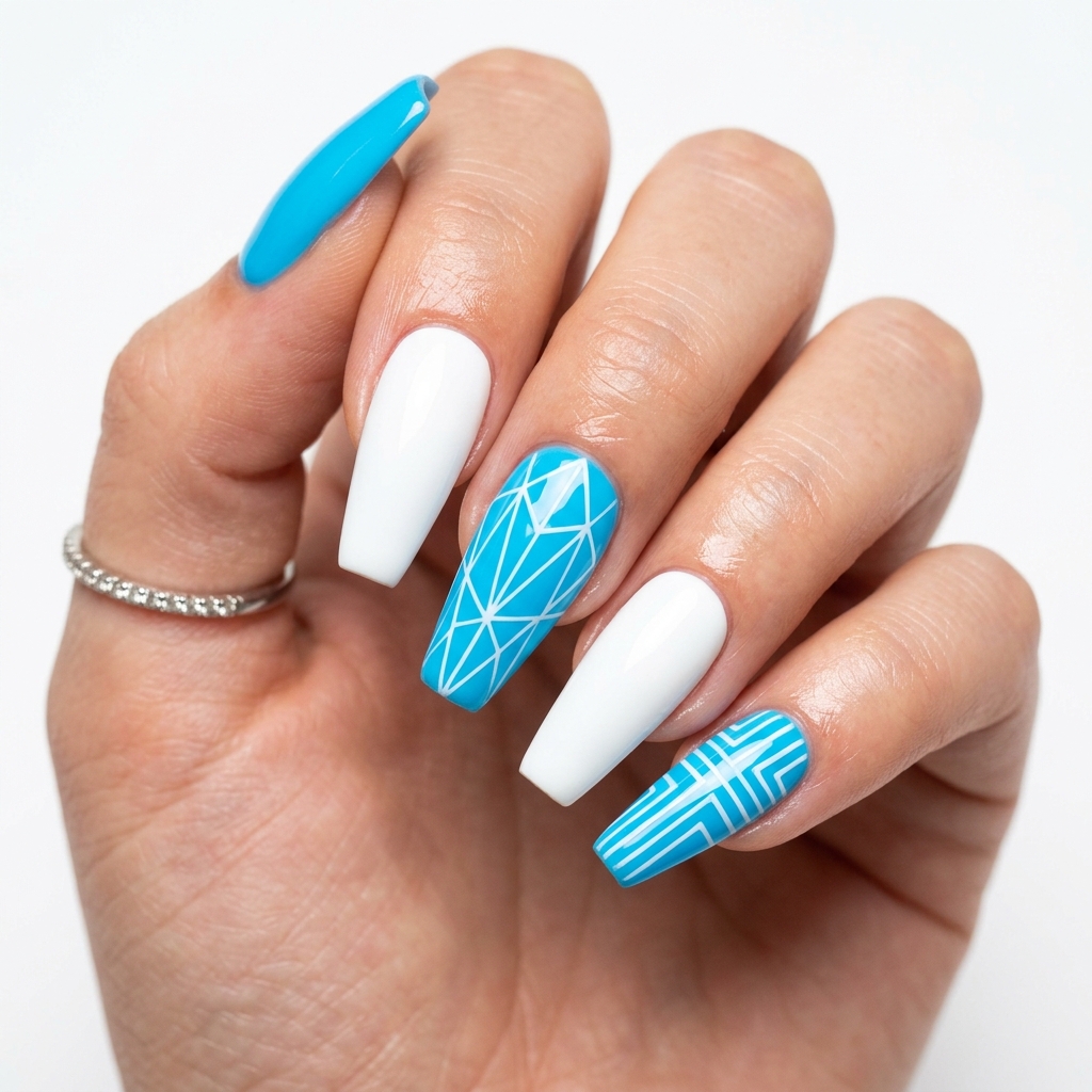White and Neon Blue Nail Art