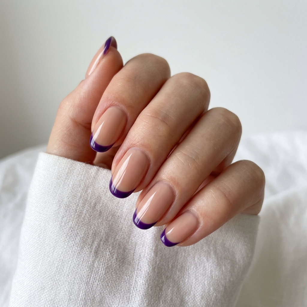 Purple French Tip Nails: 30 Stunning Ideas to Inspire Your Next Manicure 24 Nude Base with Purple French Tip Ideas