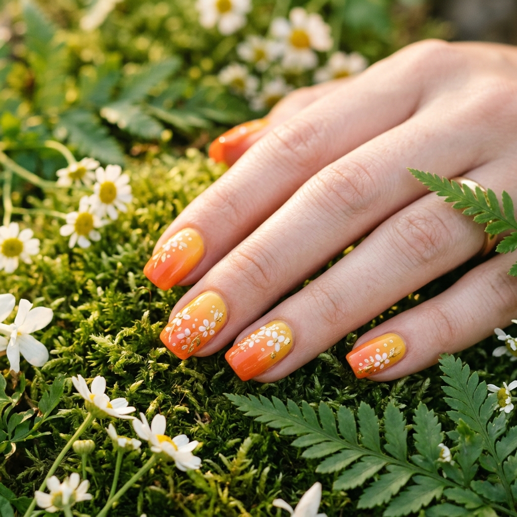 Orange Ombre Nails Ideas: 30 Gorgeous Gradient Looks to Try Right Now 26 Floral Orange Ombre Nails Ideas