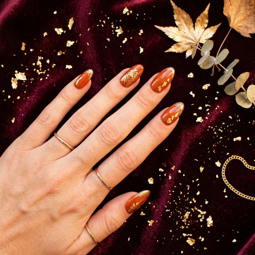 Gold and Orange Fall Nails Ideas