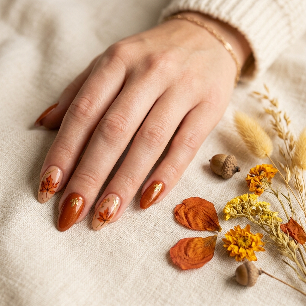 Nude and Orange Fall Nails Ideas