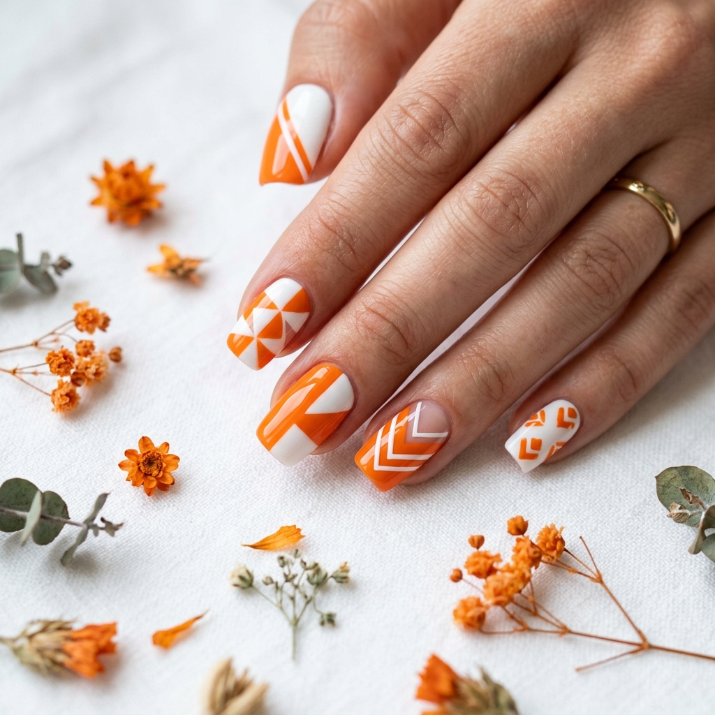 White and Orange Fall Nails Ideas