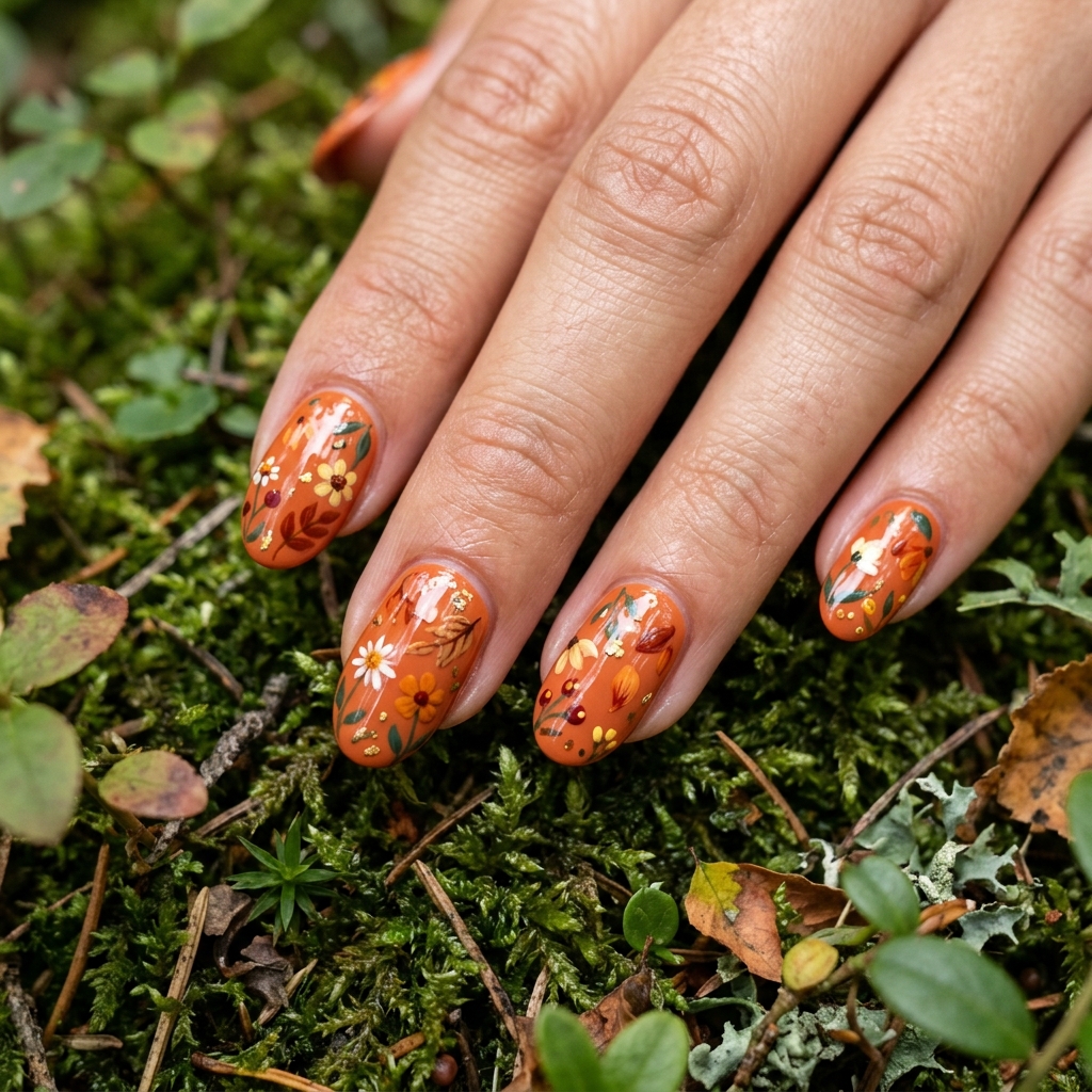 Floral Orange Fall Nails Ideas