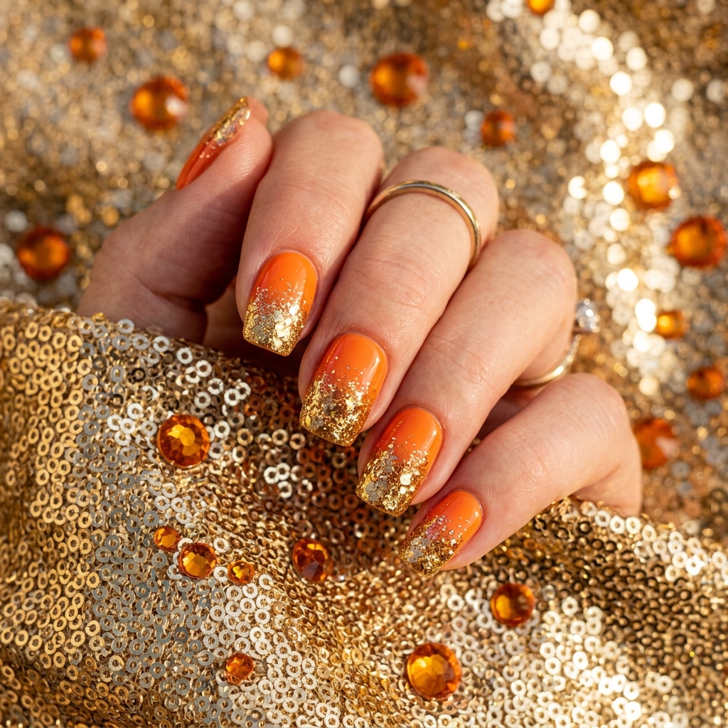 Orange Ombre Nails Ideas: 30 Gorgeous Gradient Looks to Try Right Now 14 Orange Glitter Ombre Nails Ideas