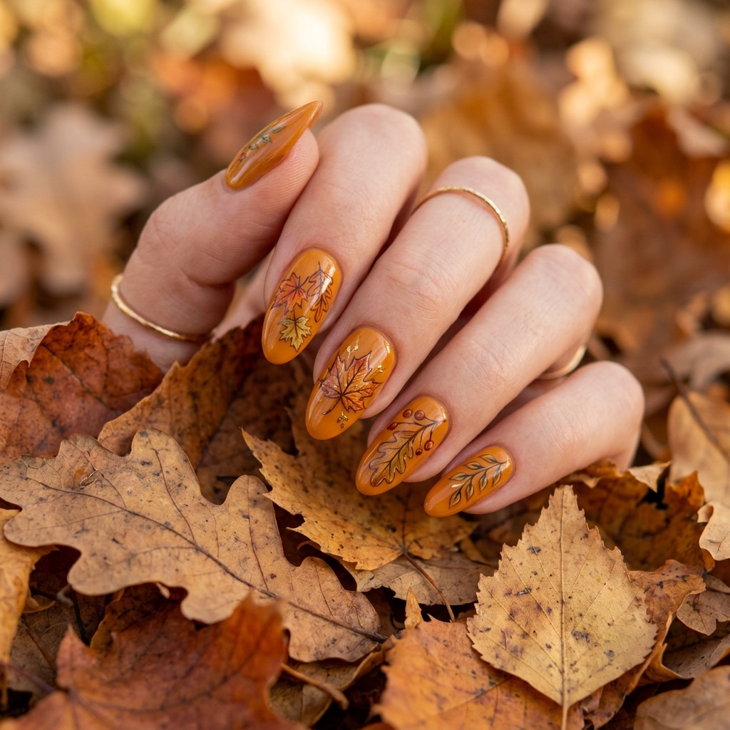 Leaf Orange Fall Nails Art Ideas