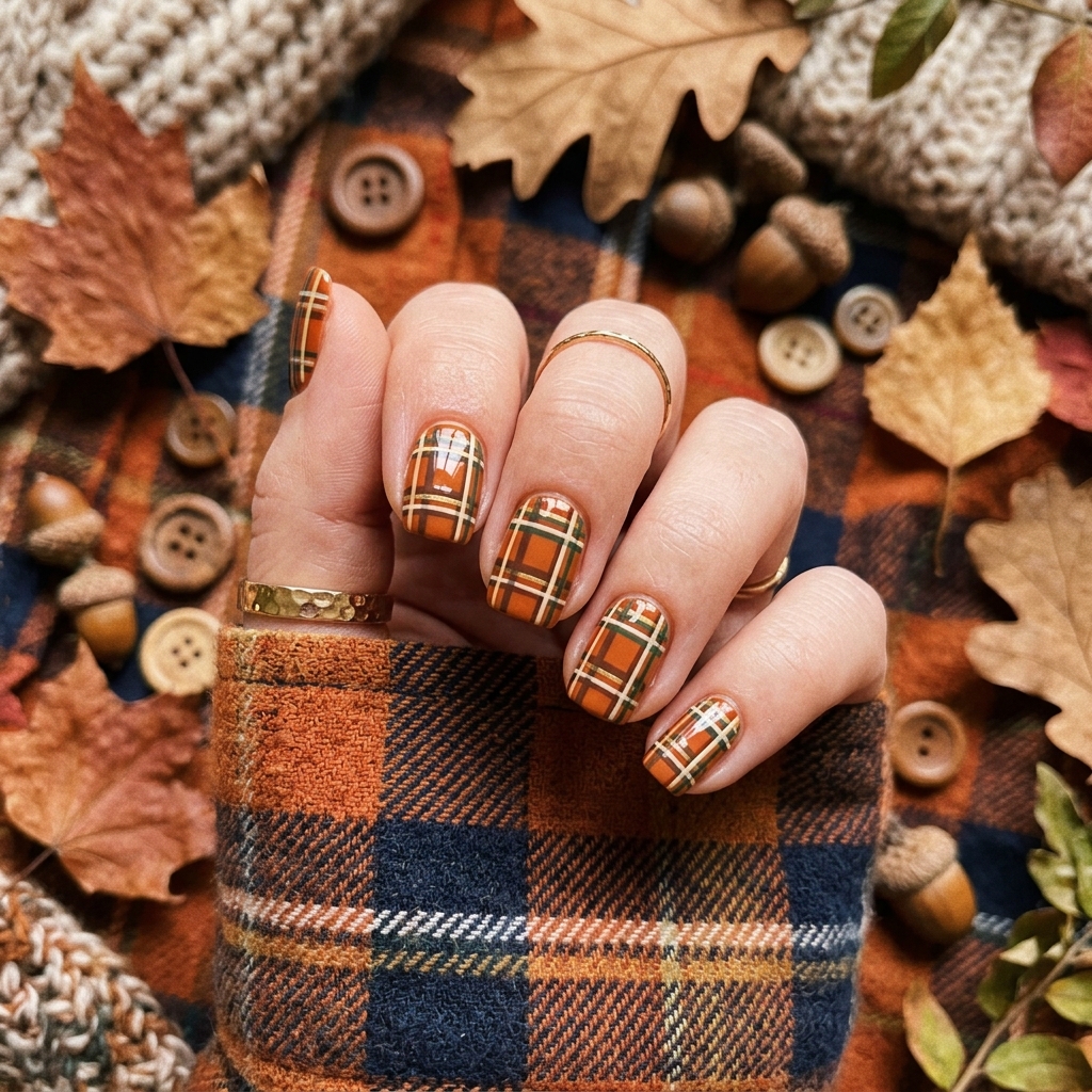 Plaid Orange Fall Nails Ideas