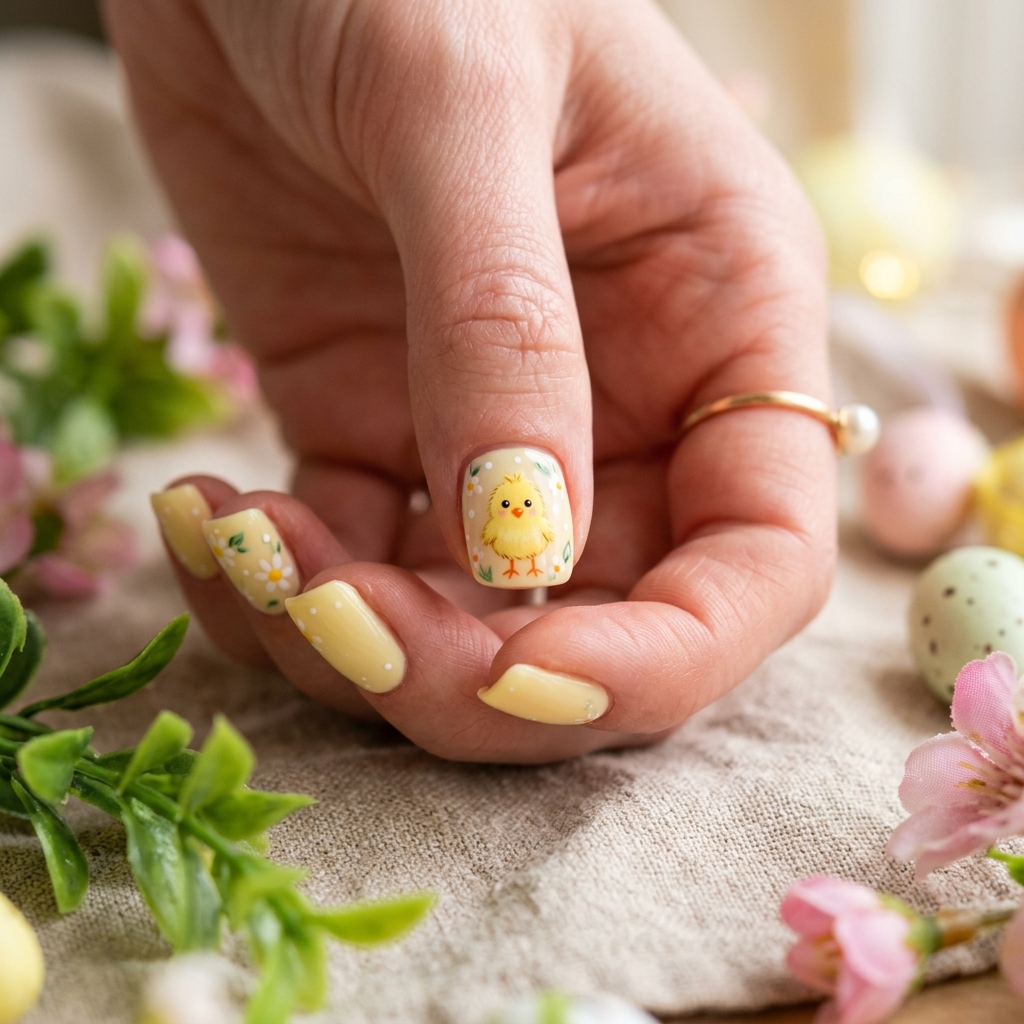 Pastel Easter Nail with Chick Design Ideas