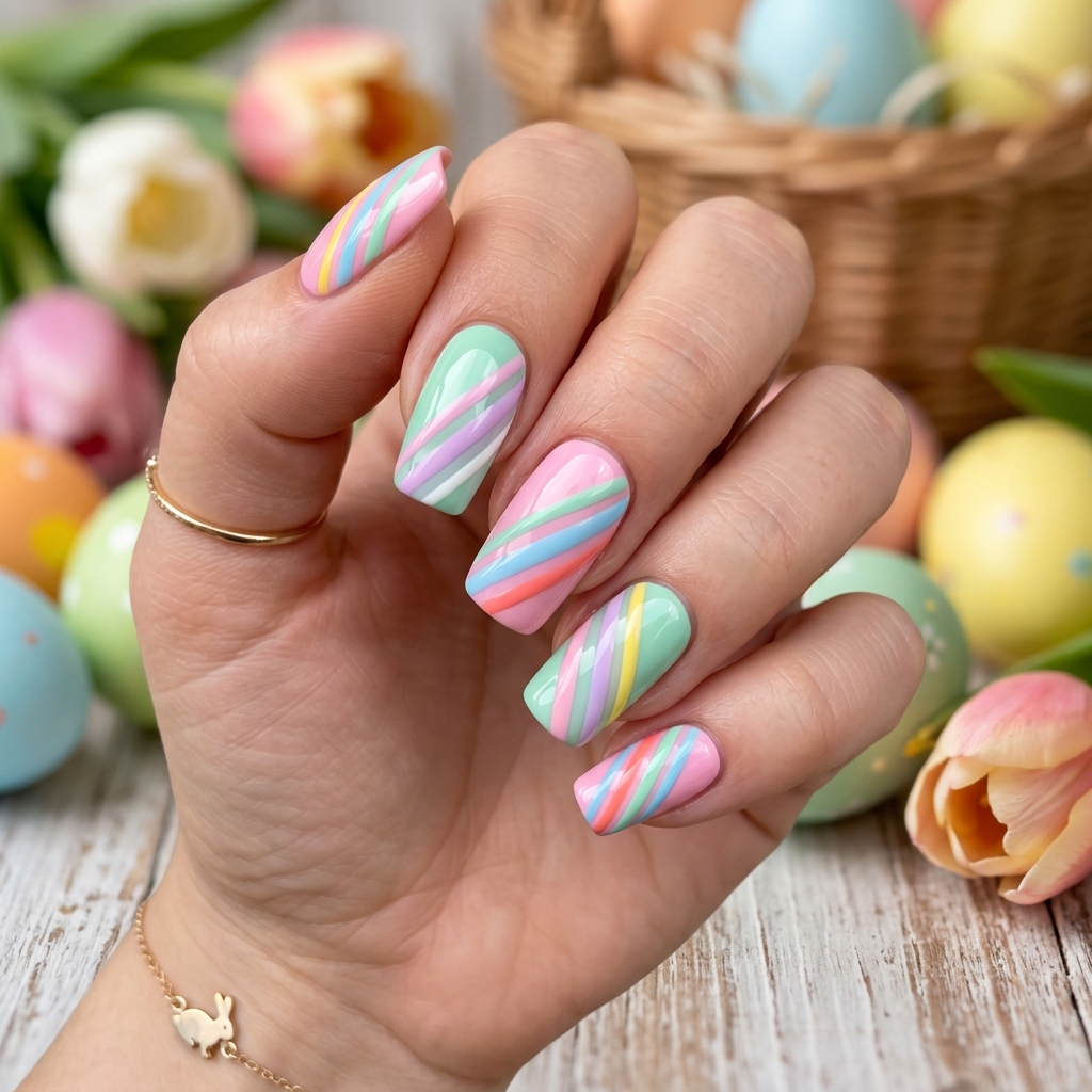 Pastel Easter Nails with Striped Design Ideas