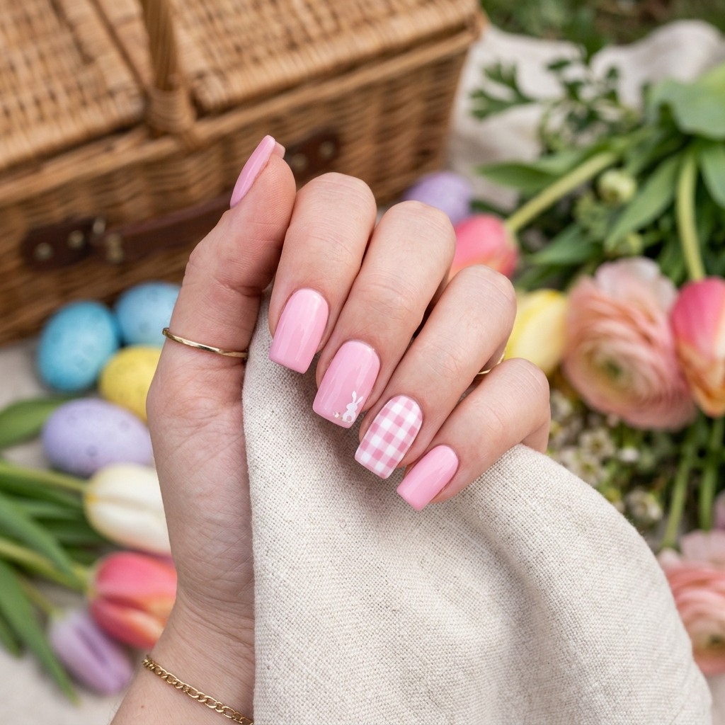 Pastel Easter Nails with Gingham Pattern Ideas
