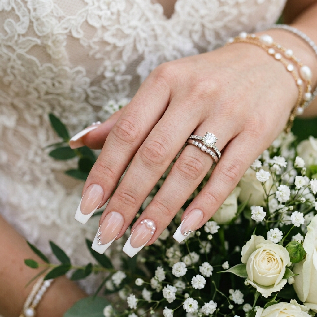 Pearl Accent French Tip Coffin Nails Ideas