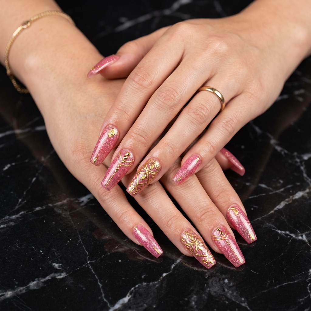 Pink and Gold Nail Designs Ideas: 30 Gorgeous Looks to Inspire Your Next Manicure 6 Pink gold acrylic nails 202606191747