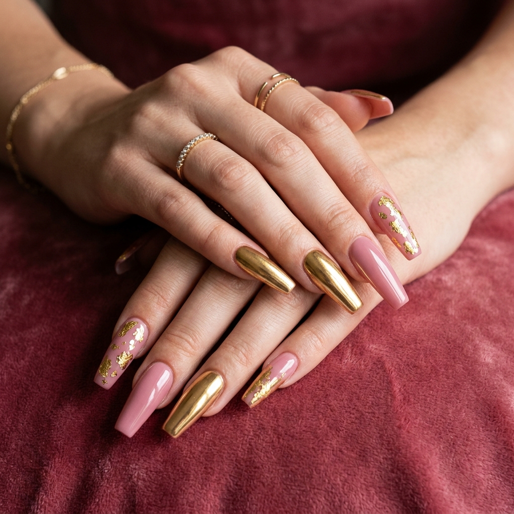 Pink and Gold Nail Designs Ideas: 30 Gorgeous Looks to Inspire Your Next Manicure 5 Pink gold coffin nails 202606191747