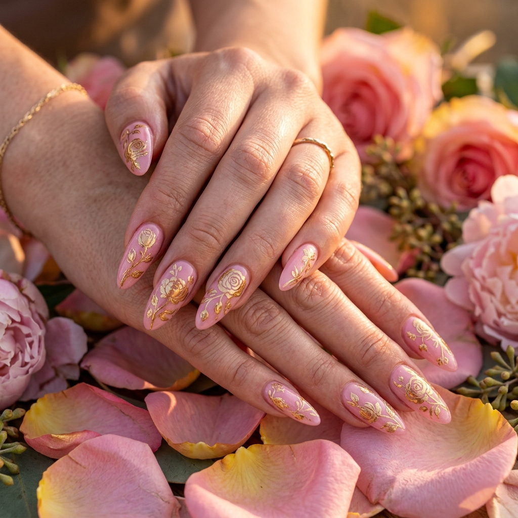 Pink and Gold Nail Designs Ideas: 30 Gorgeous Looks to Inspire Your Next Manicure 15 Pink gold floral nail art 202606191850
