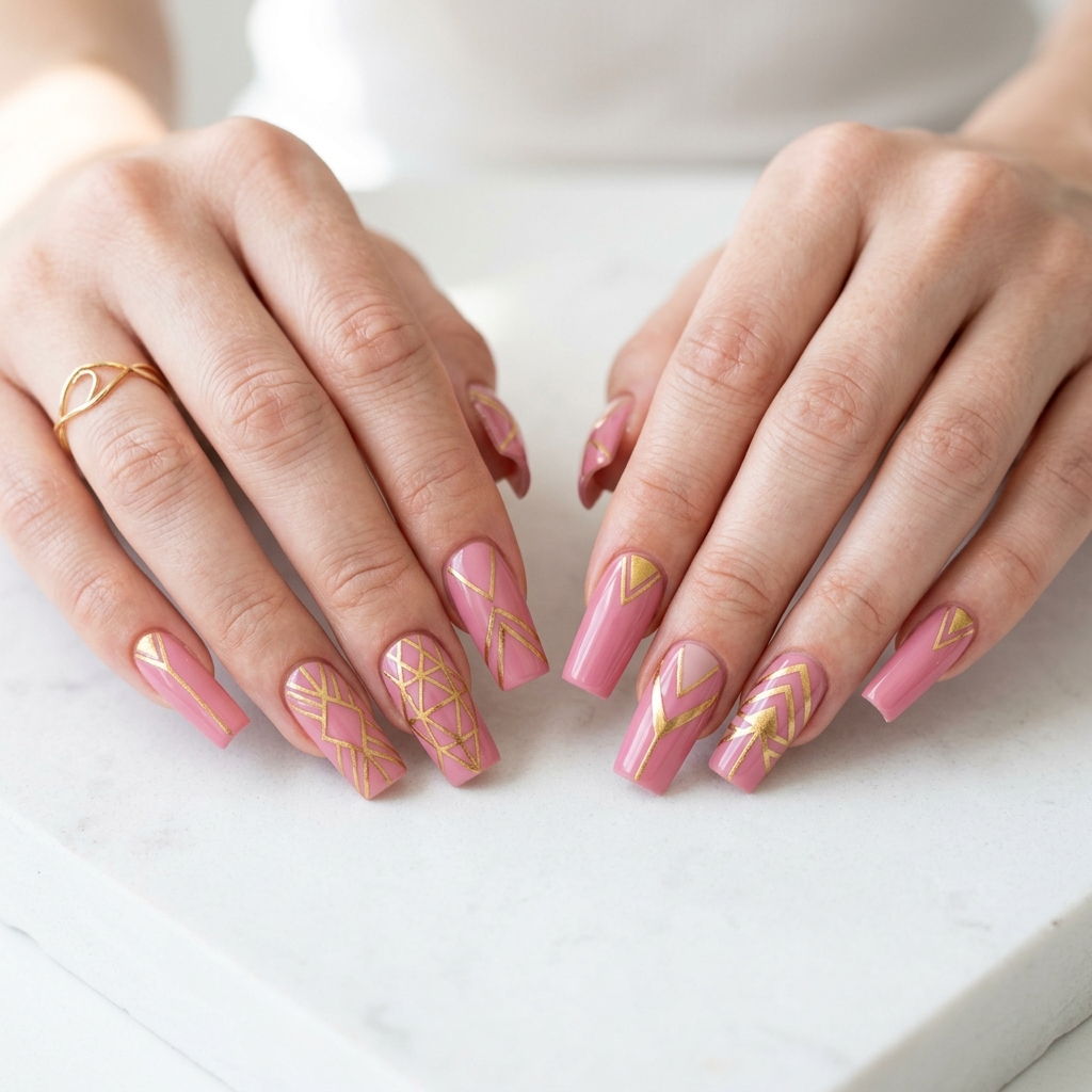 Pink and Gold Nail Designs Ideas: 30 Gorgeous Looks to Inspire Your Next Manicure 17 Pink gold geometric nails 202606191852