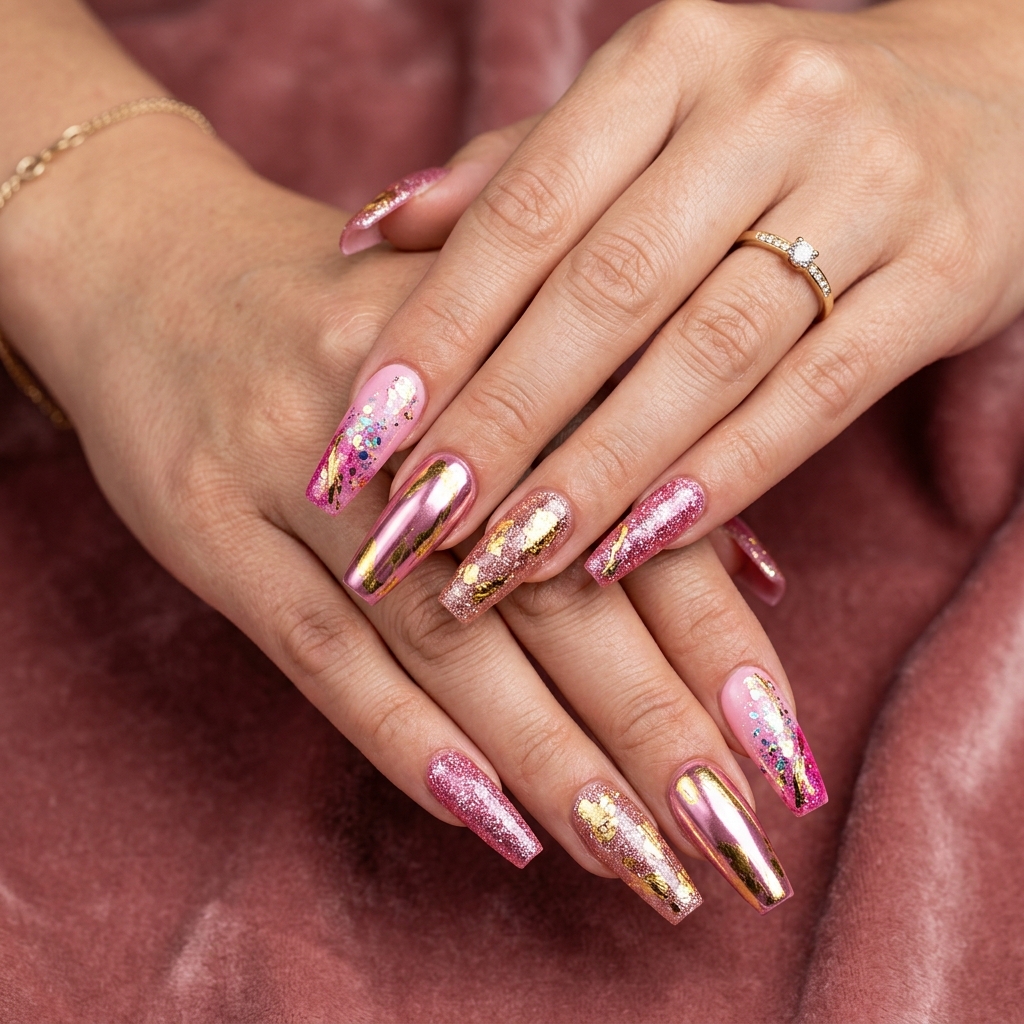 Pink and Gold Nail Designs Ideas: 30 Gorgeous Looks to Inspire Your Next Manicure 21 Pink gold long nails 202606191853