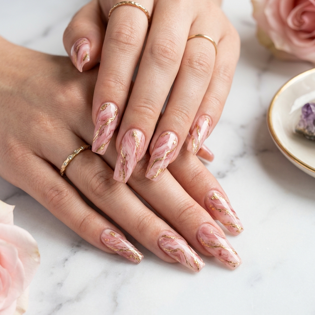 Pink and Gold Nail Designs Ideas: 30 Gorgeous Looks to Inspire Your Next Manicure 10 Pink gold marble nails 202606191847