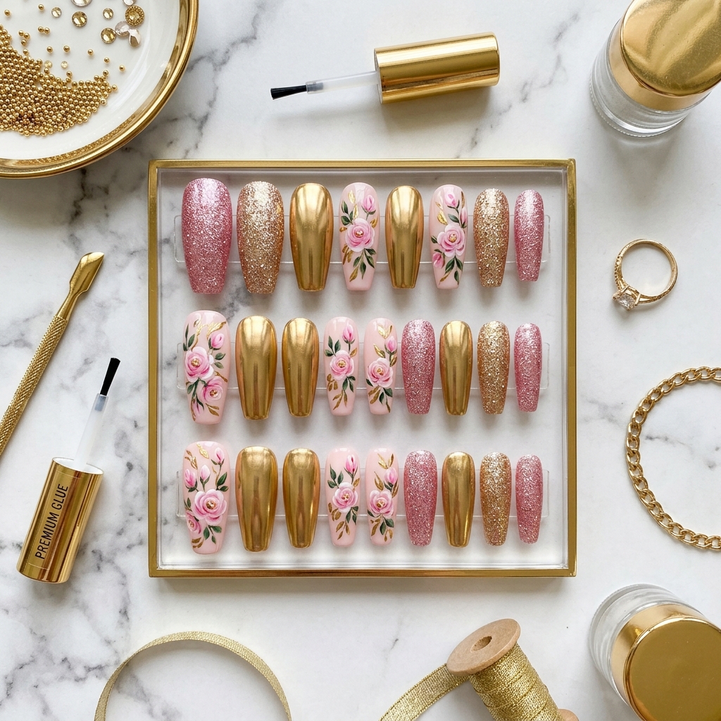 Pink and Gold Nail Designs Ideas: 30 Gorgeous Looks to Inspire Your Next Manicure 22 Pink gold press on nails 202606191855