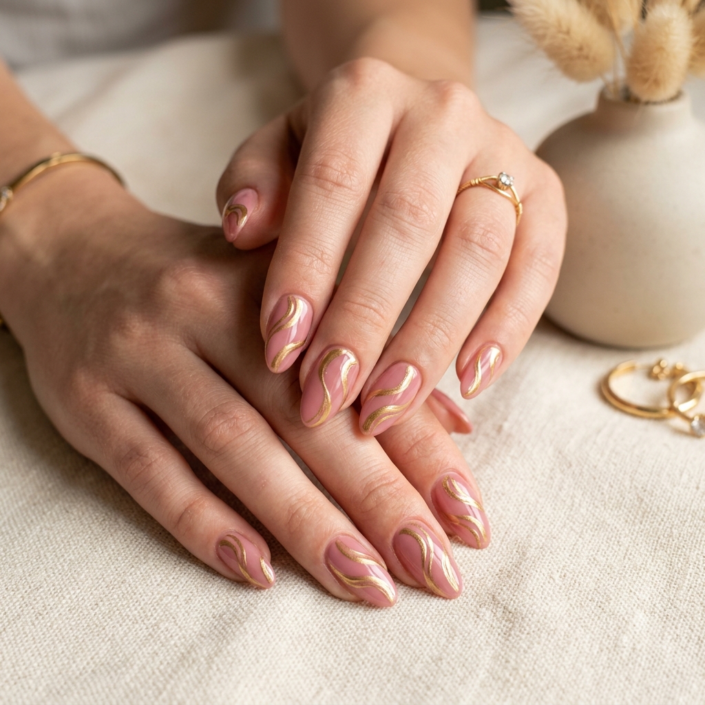 Pink and Gold Nail Designs Ideas: 30 Gorgeous Looks to Inspire Your Next Manicure 23 Pink gold swirl nails 202606191855