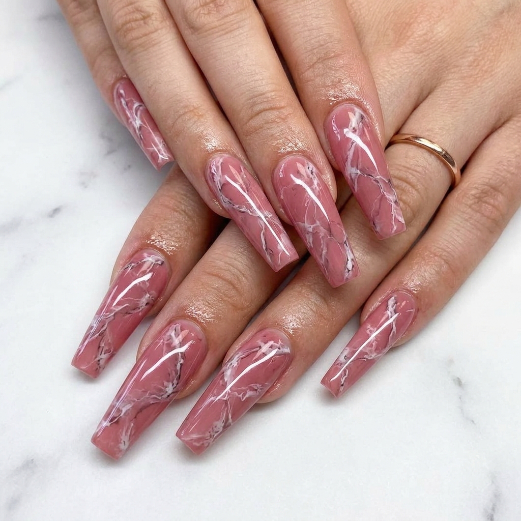 30 Pink Marble Nails Ideas You Will Absolutely Love 8 Pink Marble Coffin Nail Ideas