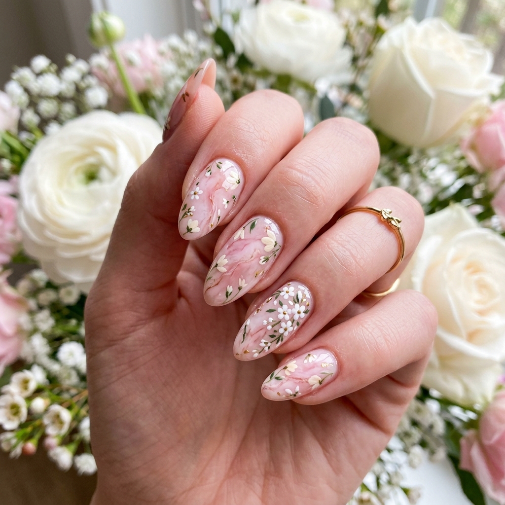 30 Pink Marble Nails Ideas You Will Absolutely Love 25 Pink Marble Nail Ideas with Floral Accents