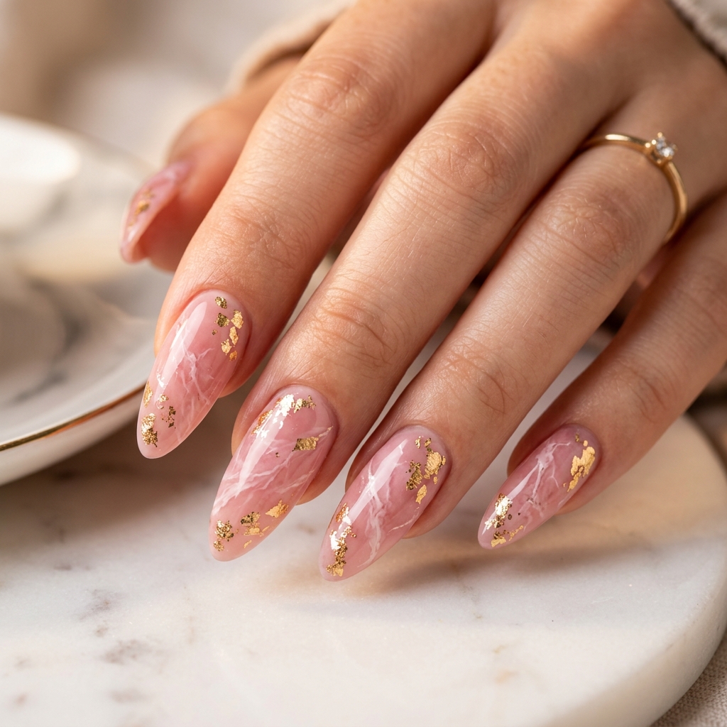 30 Pink Marble Nails Ideas You Will Absolutely Love 2 Pink Marble Nails with Gold Foil Accents