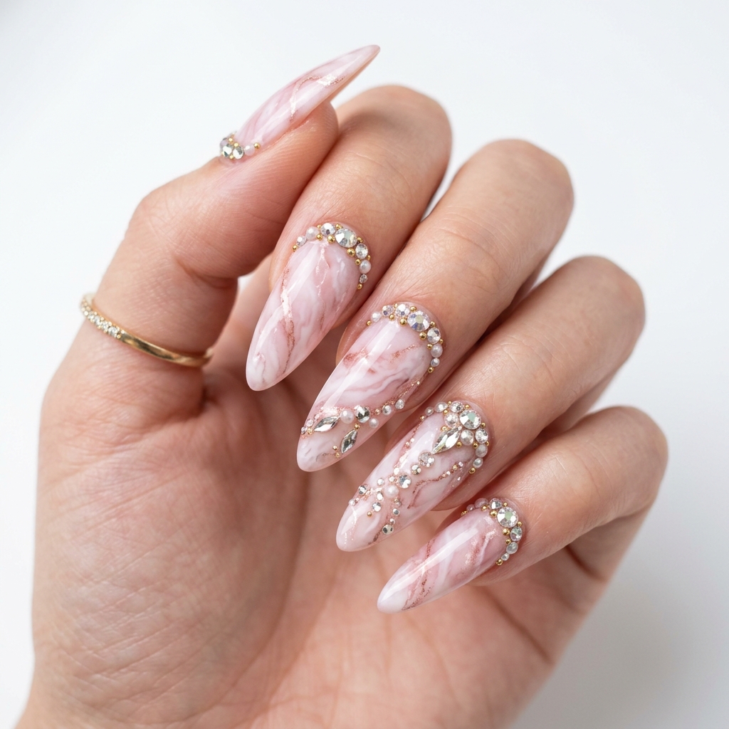 30 Pink Marble Nails Ideas You Will Absolutely Love 21 Pink Marble Nail Ideas with Rhinestones