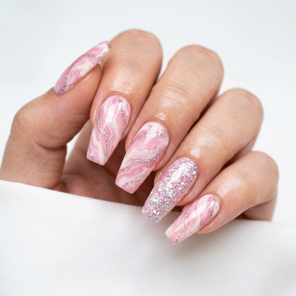 30 Pink Marble Nails Ideas You Will Absolutely Love 6 Pink and White Marble Nails with Glitter