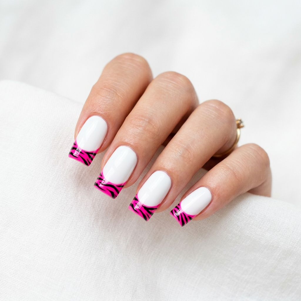 Pink Zebra French Tip Nails Ideas