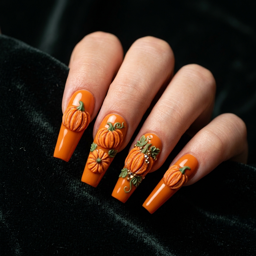 30 Pumpkin Nail Designs That Go From Adorably Cute to Absolutely Stunning 28 Pumpkin 3D Nail Designs