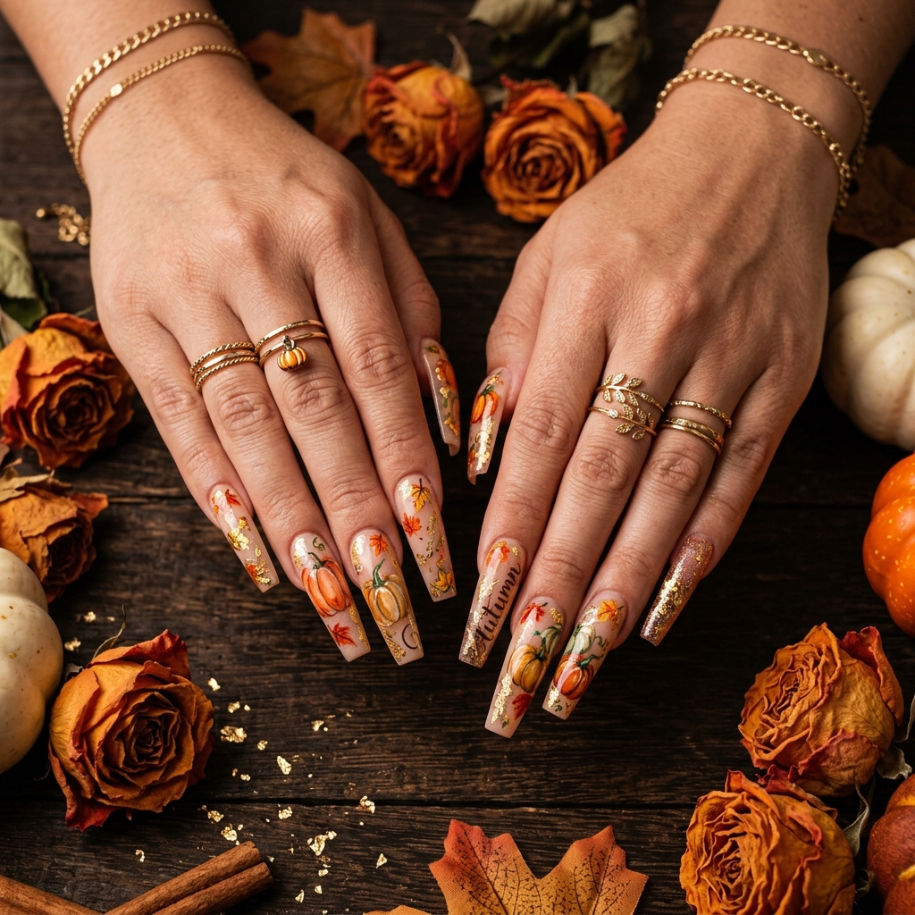 30 Pumpkin Nail Designs That Go From Adorably Cute to Absolutely Stunning 14 Pumpkin Acrylic Nail Designs